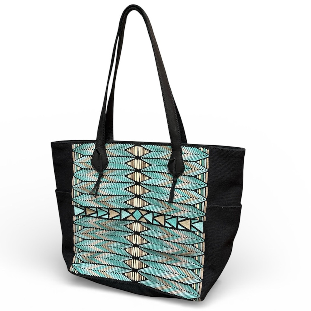 Lucky Brand embroidered canvas leather trim tote bag